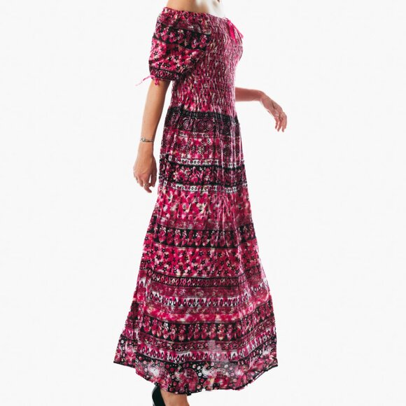 Pink peasant maxi dress short sleeve off shoulder boho summer floral tie dye - Picture 5 of 7